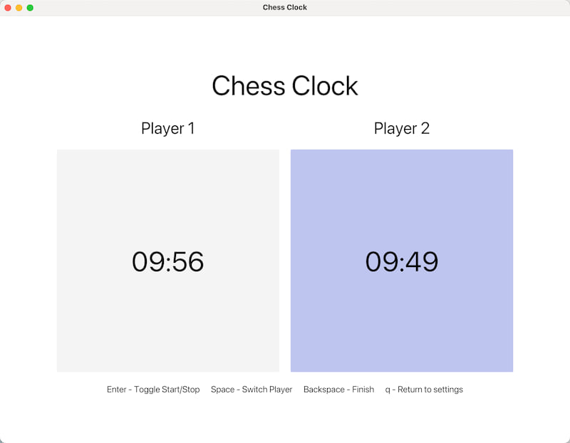 Screenshot of the chess clock GUI clock screen