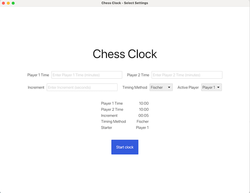 Screenshot of the chess clock GUI settings menu