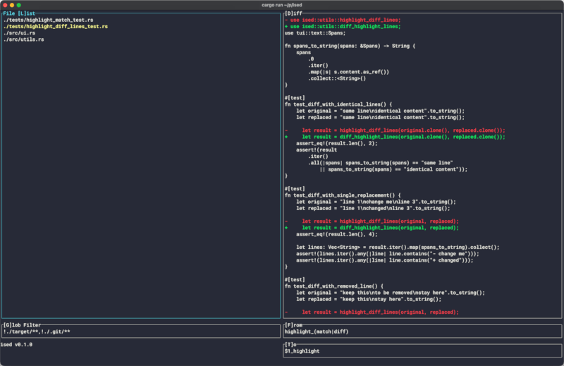 A terminal window running a Rust project using the cargo tool. The interface shows a file list on the left and a visual diff of test file changes on the right. The diff highlights changes from importing highlight_diff_lines to diff::highlight_lines, and updates to function calls in several test cases accordingly. At the bottom, filter and navigation options are visible with key hints.