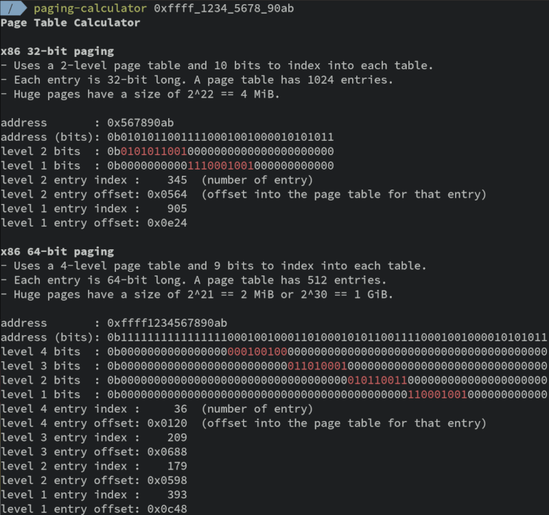 Screenshot showing the usage of paging-calculator.