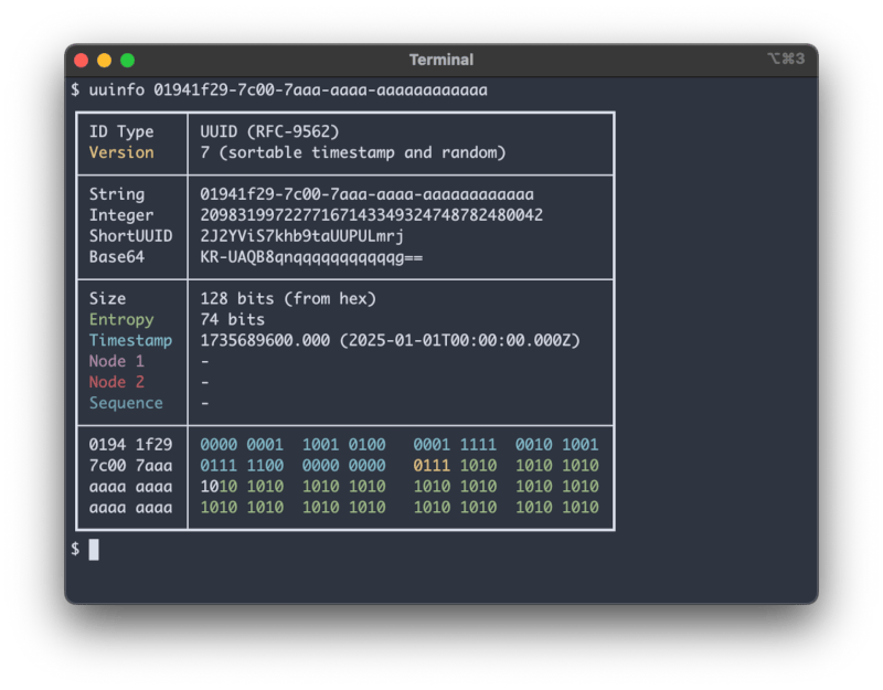 Screenshot of a terminal window showing an uuinfo output