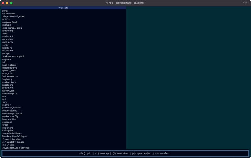obligatory screen shot of porgi in action as it snappily loads projects and lets the user view readme files.
