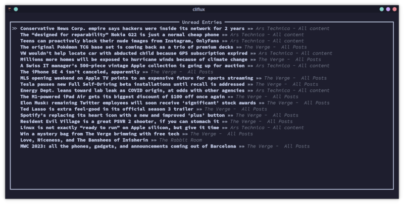 A screenshot of cliflux showing the "unread entries" list