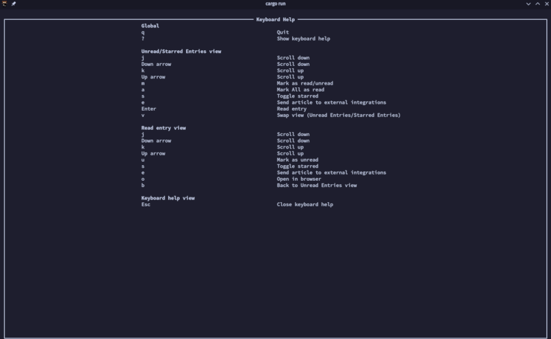 A screenshot of cliflux showing the keyboard reference screen