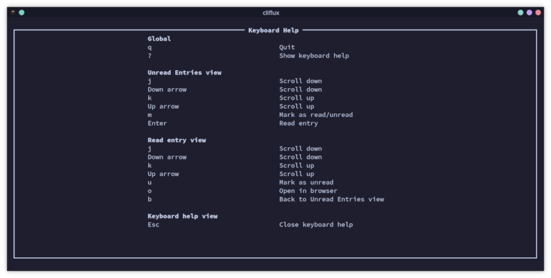 A screenshot of cliflux showing the keyboard reference screen