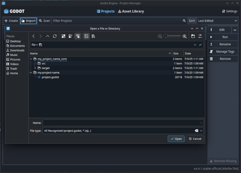 Importing project.godot in Godot editor screen