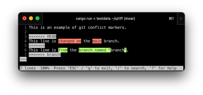 Screenshot of riff highlighting conflict markers