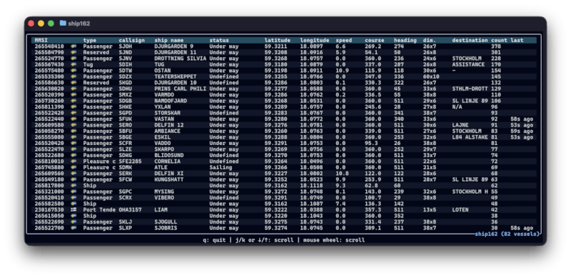 ship162 TUI displaying real-time AIS messages