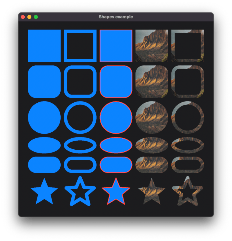 This image shows the different supported shapes in carbide. It also showes an example use of the canvas element where you can create your own shapes.