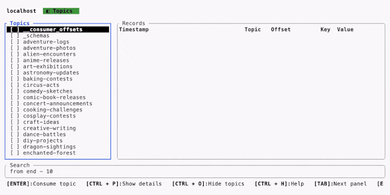 Demo of Yozefu: The user selects a topic and sees and real time new records published to Kafka.