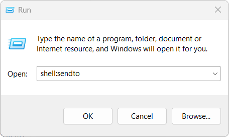 Windows' Run dialogue, with shell:sendto inserted