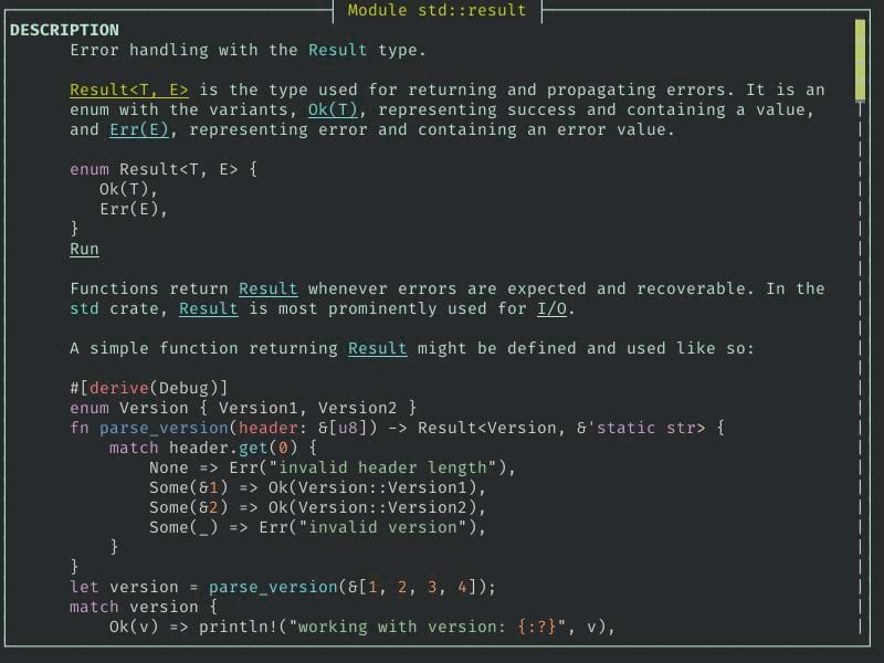 A screenshot of rusty-man displaying the std::result documentation with the tui viewer