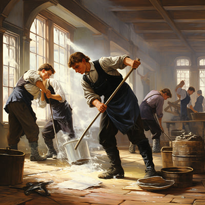a group of people cleaning the room