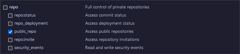 Screenshot of classic token being created with public_repo scope selected