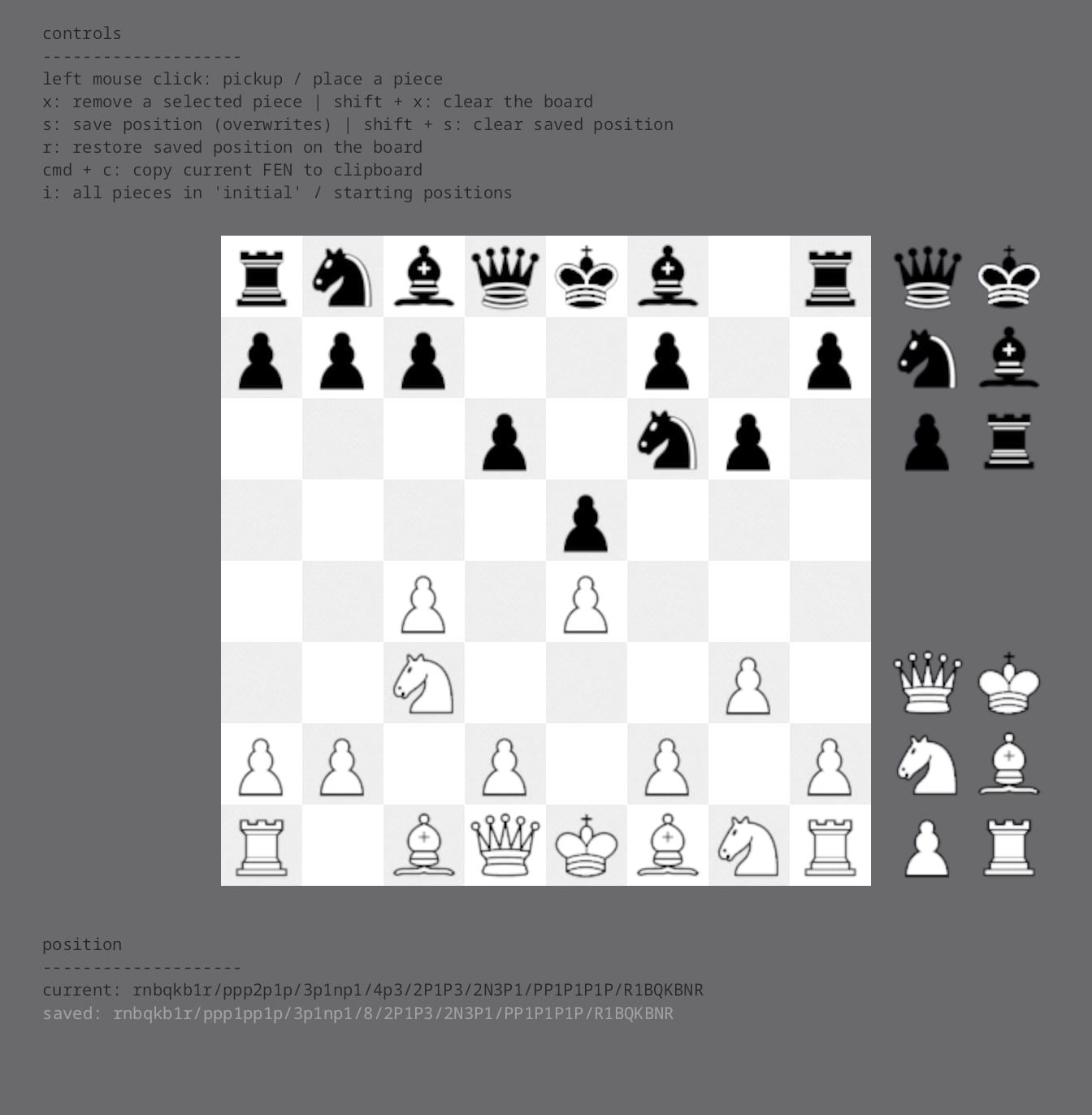 grey and white chess board, grey and white pieces each in their starting positions and a selection menu of each piece along the right edge of the board. below the board are white letters on a black background describing the positions on the board in FEN notation along with a note that you can click to copy the FEN description.