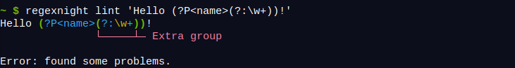 regexnight lint pointing to the extra group