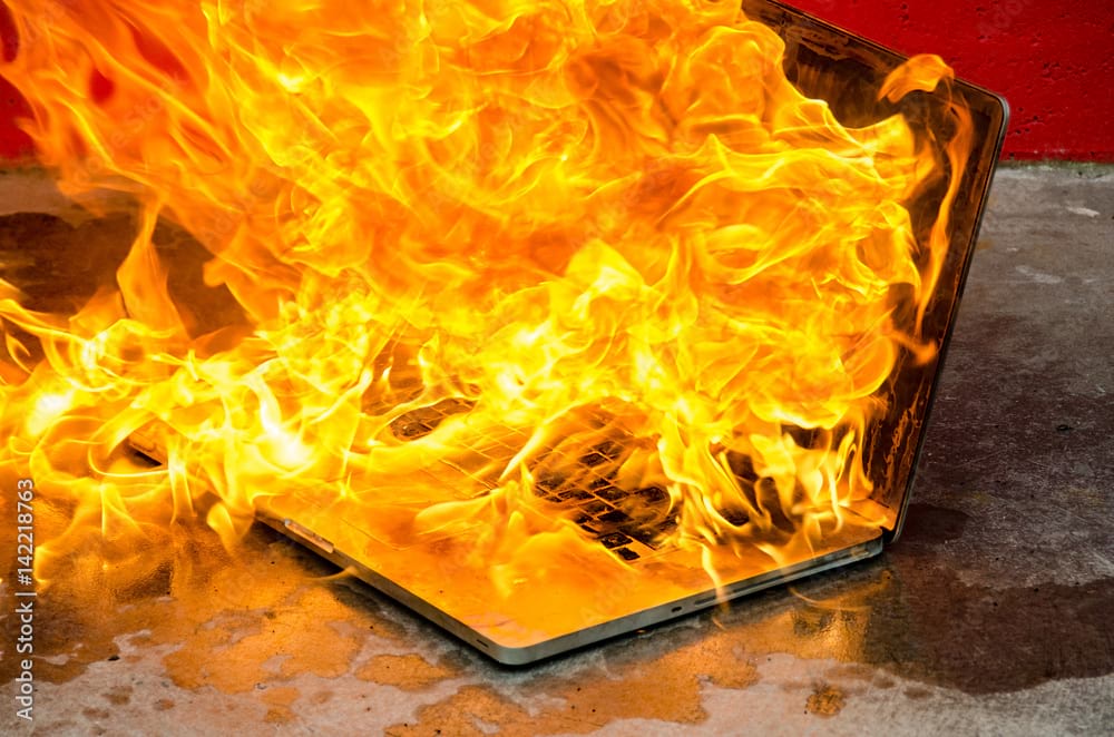 A laptop on fire