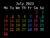 Screenshot of carl in rainbow colors with ical events highlighted and current date striken through