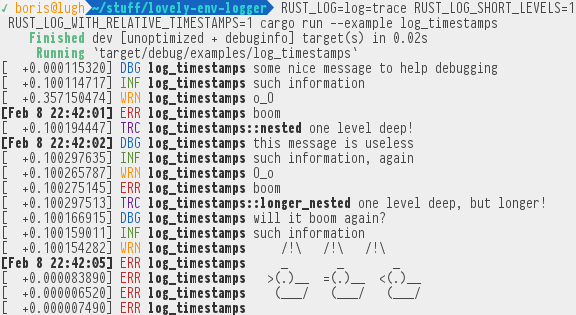 example output with relative timestamps, short levels