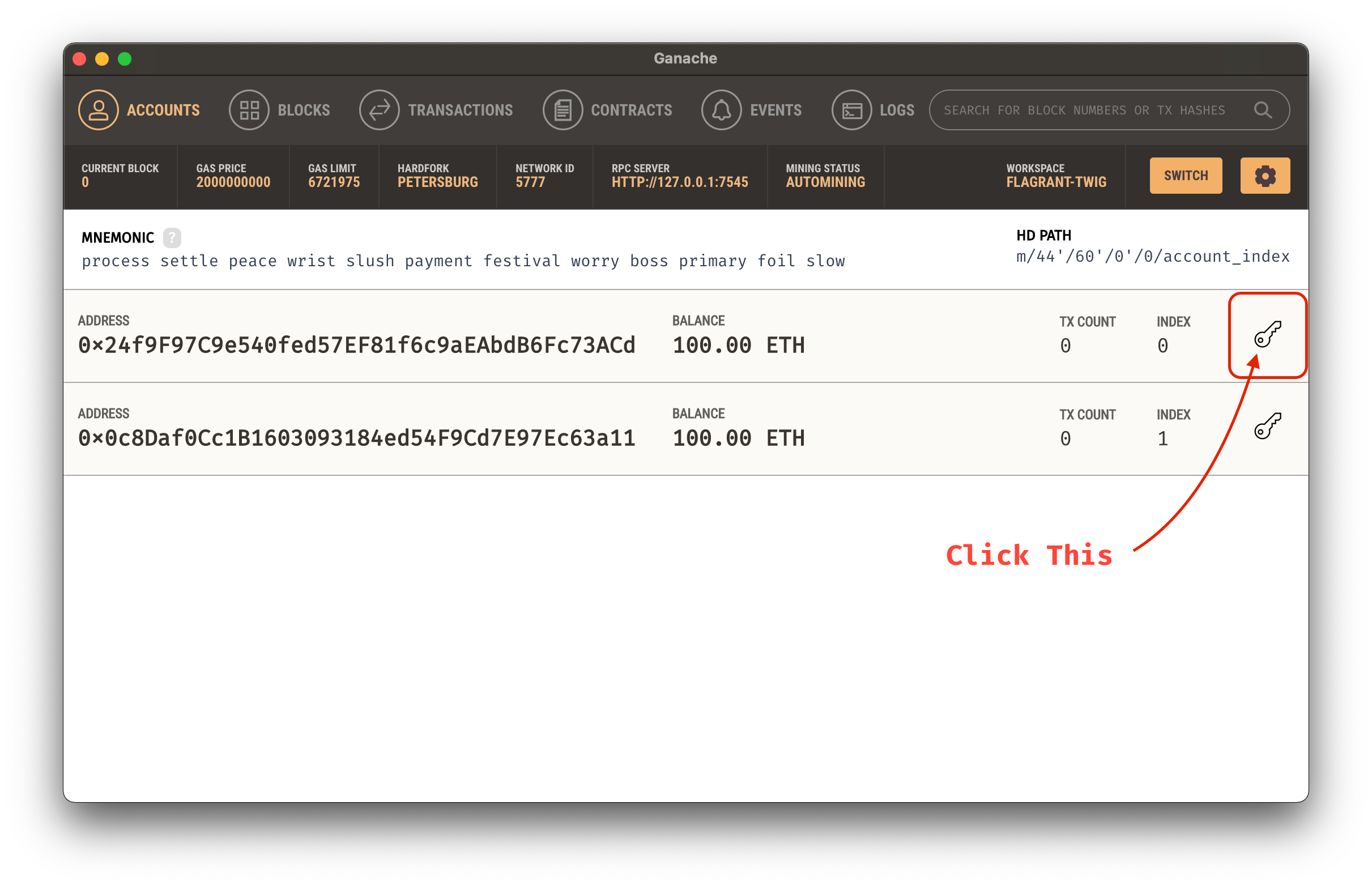 screenshot showing how to choose an address in Ganache