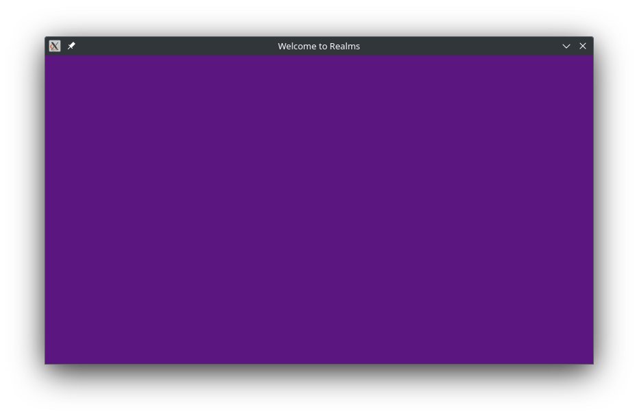 An 800x450 window with title "Welcome to Realms" and filled with a purple background