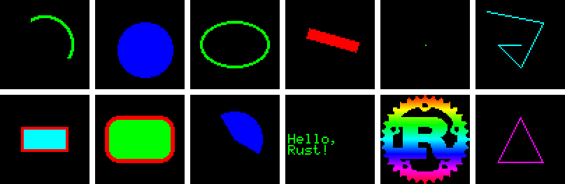 A grid of screenshots showing primitives, text and other items that can be drawn using embedded-graphics.