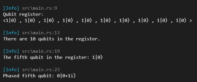 A screenshot of console output from creating a qubit register using the rquant rust crate