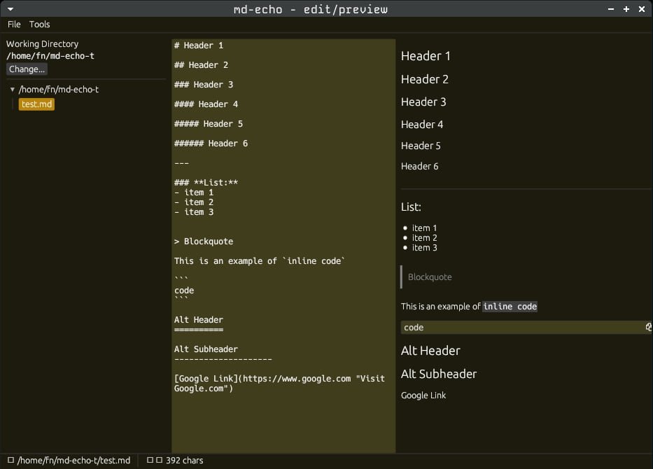 md-echo dual-pane editor screenshot