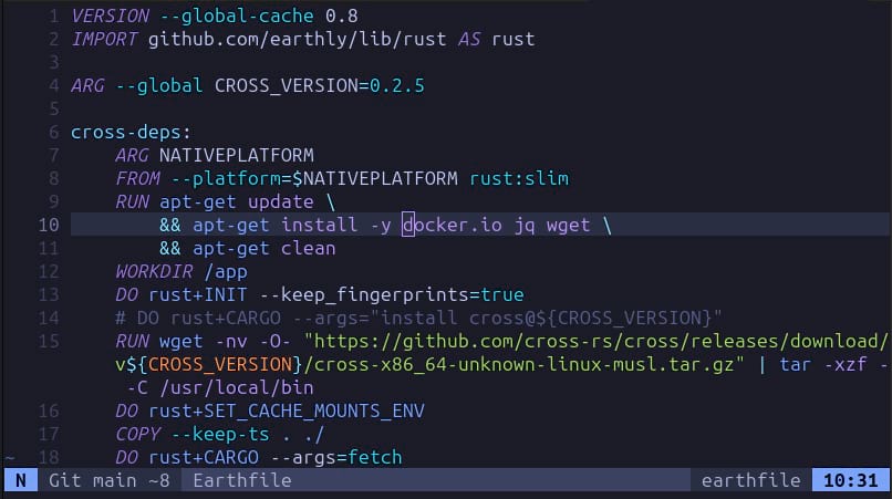 Screenshot of yage Earthfile in neovim