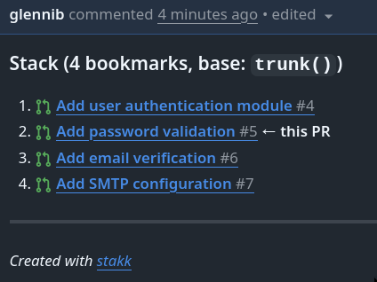 Stack comment example on a GitHub PR