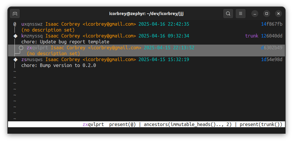 A screenshot of jjj running