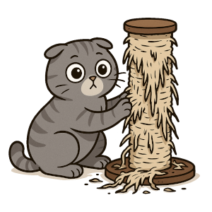 scratchpost a wide-eyed grey shorthair Scottish fold cat destroying a scratching post