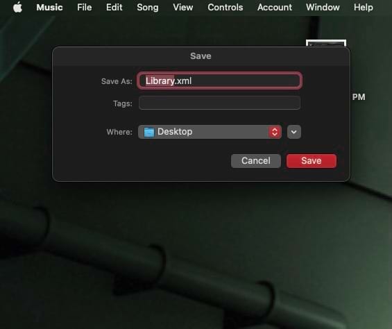 File dialog image, shows saving Library.xml to the MacOS Desktop