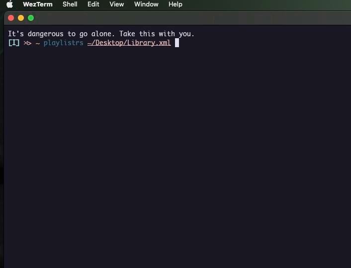 Terminal emulator image, shows invoking playlistrs with the path to the Library.xml