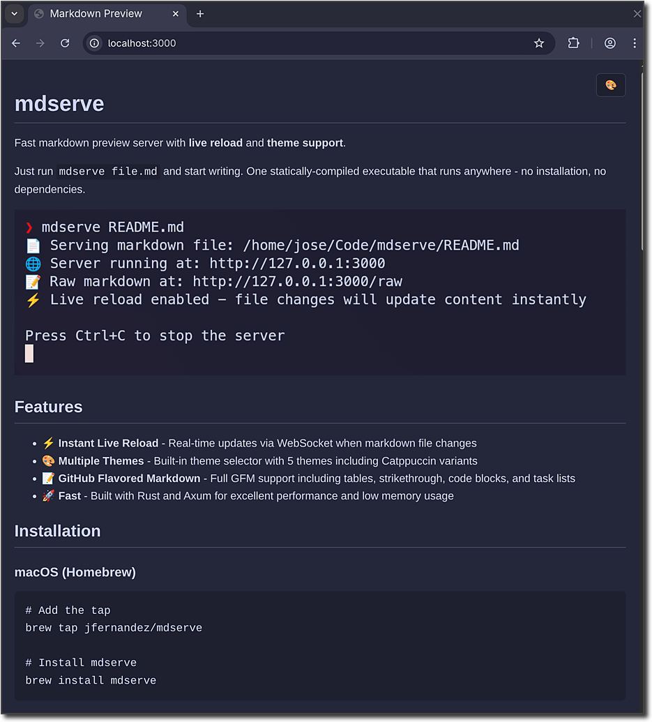 mdserve with Catppuccin Macchiato theme