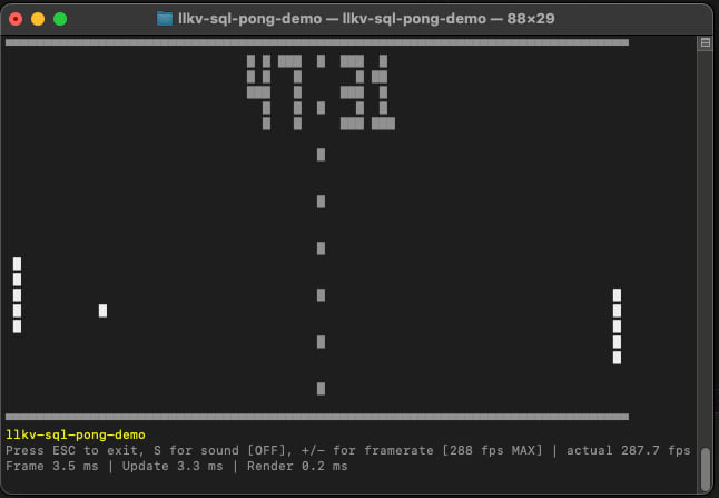LLKV SQL Pong Demo screenshot