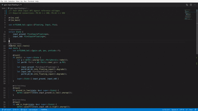 demo: clicking the run button above a defmt_test::tests module leads to flashing & test run