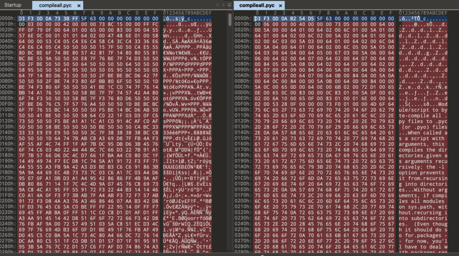 Obfuscated vs deobfuscated code hex dump