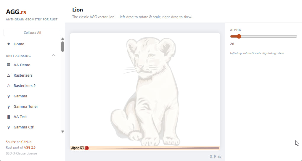 AGG.rs Interactive Demo — Lion rendering with anti-aliased vector graphics