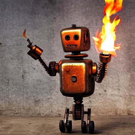 rusty robot holding a torch
