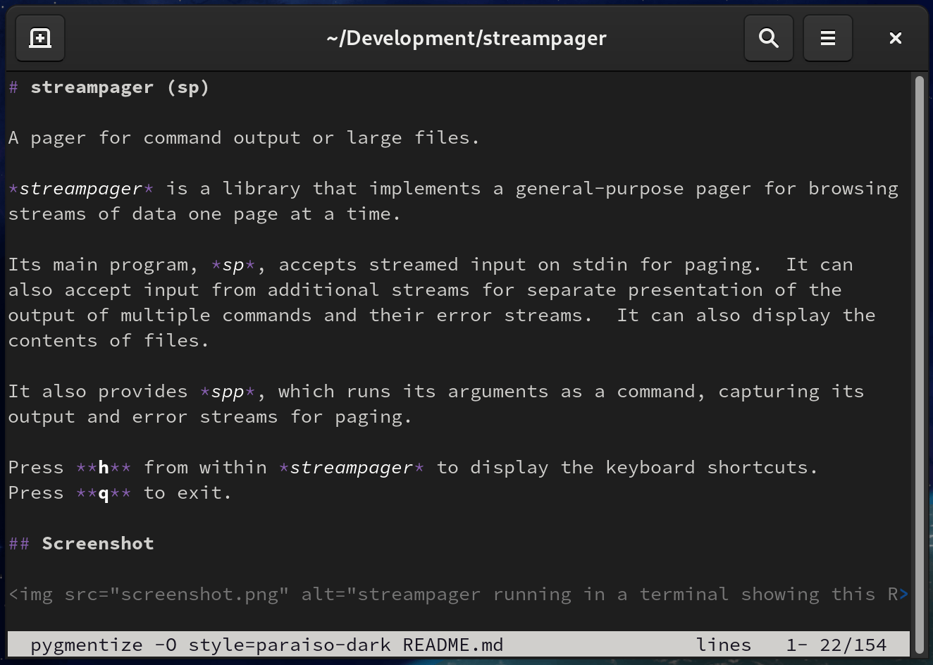 streampager running in a terminal showing this README file