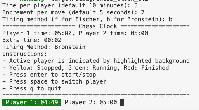 Screenshot of the chess clock CLI