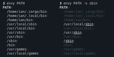 Example displaying the PATH variable and a search for sbin