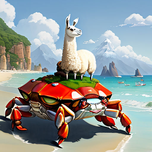 A llama riding a crab, AI-generated