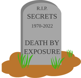ripsecrets logo, a gravestone that says "R.I.P. Secrets ?-20XX Death by Exposure"