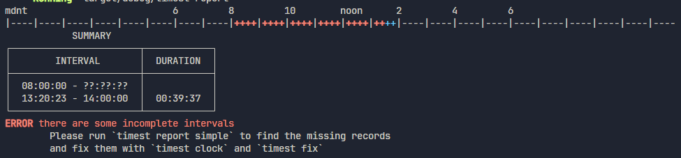Screenshot of the terminal. A timeline from midnight to midnight stretches across the top, with blue plus signs indicating time worked and red plus signs indicating incomplete intervals. A box labelled "SUMMARY" has two columns: "INTERVAL" and "DURATION". The "INTERVAL" column has two items: one row showing a time interval with a start time but no stop time, and one row showing a complete interval. Only the complete interval has a corresponding "DURATION" cell. At the bottom there is a warning that says "ERROR there are some incomplete intervals". Beneath that, there are instructions on how to fix incomplete intervals.