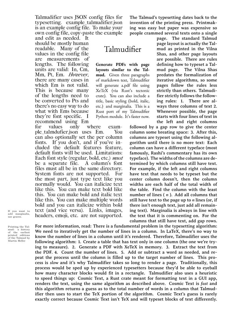 A PDF that Talmudifier generated. There are three columns of text, and of varying widths. The text is pulled from this README.