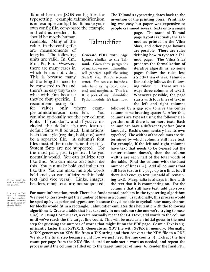 A PDF that Talmudifier generated. There are three columns of text, and of varying widths. The text is pulled from this README.