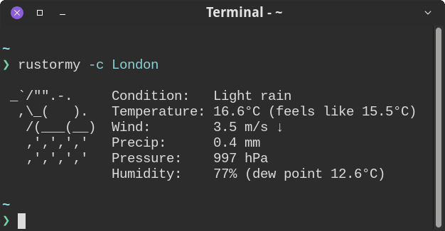 Basic usage: rustormy -c London