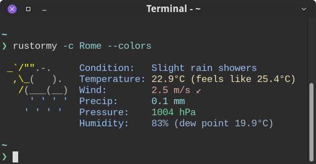 Colors: rustormy -c Rome --colors